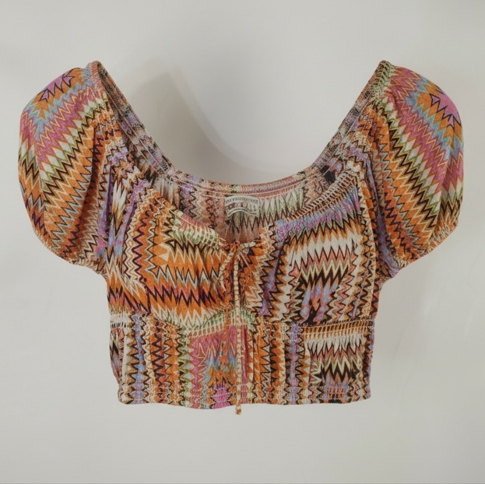 Urban Outfitters Boho Puff Sleeve Crop Top Tie Front Zig Zag Festival Women L - Picture 2 of 11